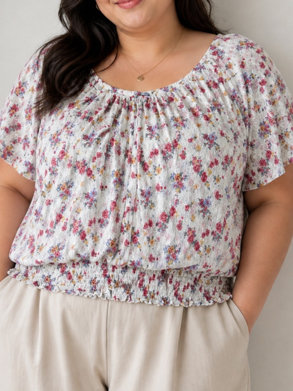 torrid Floral Smocked Hem Blouse Womens 4X lace Flowers Prairie Cottagecore